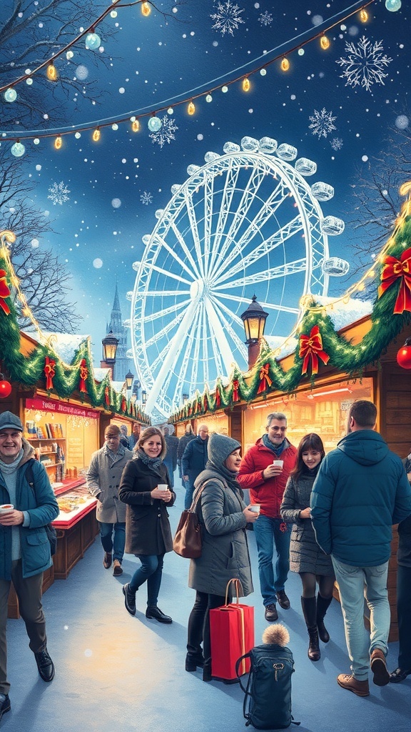 A colorful drawing of a Christmas market in London with lights, stalls, and the London Eye in the background.